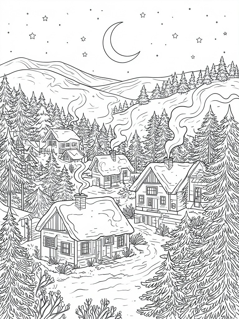 A black and white line drawing of snow-covered cabins in a forest with mountains, a crescent moon, and stars in the sky.