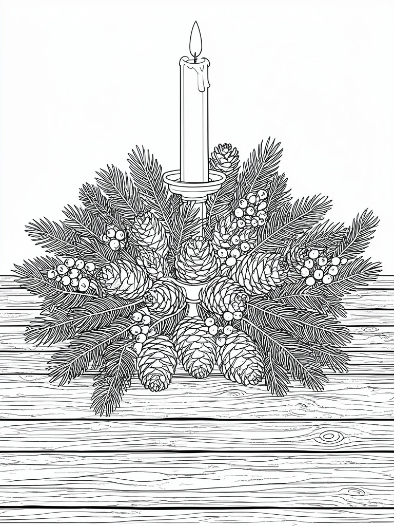 A black and white line drawing of a candle surrounded by pine branches, pinecones, and berries resting on wooden planks.