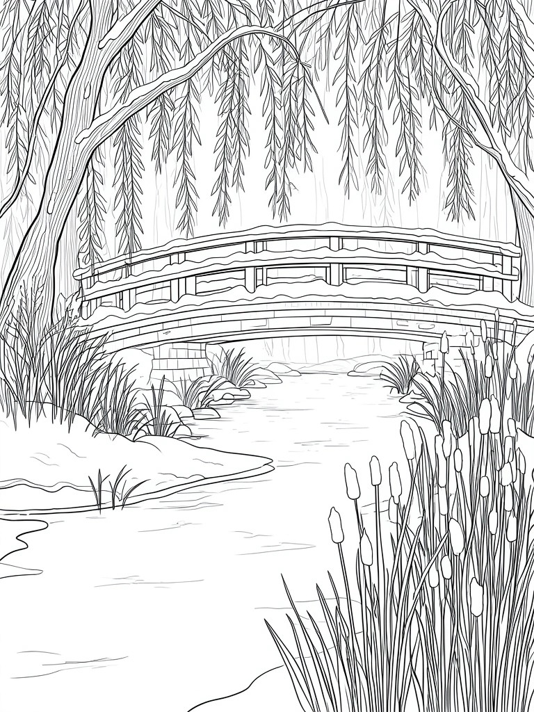 Black-and-white line drawing of arched bridge over snowy river with willows and reeds.