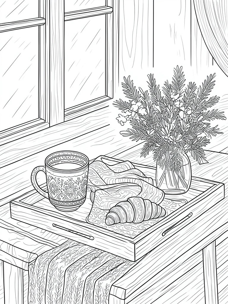 Line art of tray with mug, croissant, cloth, and pine vase by window