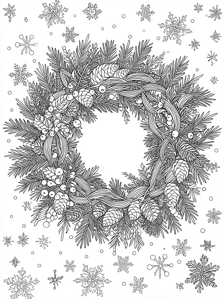 Black and white line art Christmas wreath with pinecones, berries, and snowflakes