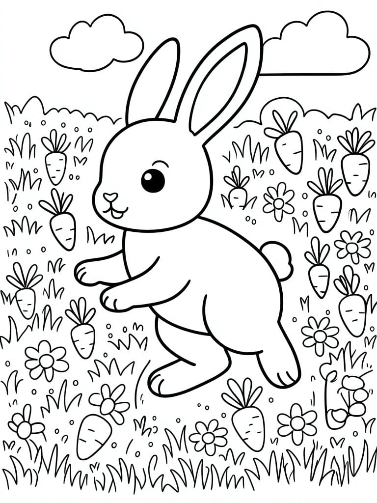Cartoon bunny hopping through a garden of carrots, flowers, and grass.