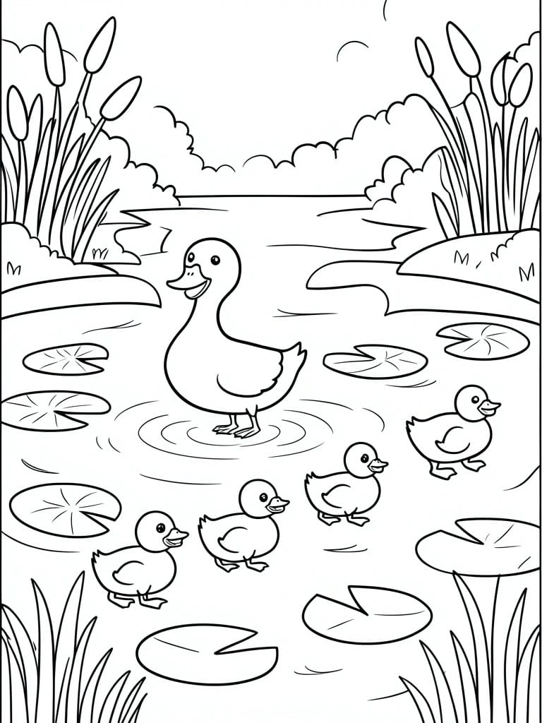A black and white coloring page shows a mother duck and four ducklings in a pond with lily pads and reeds.