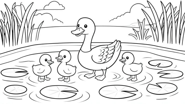 A black and white coloring page shows a mother duck and four ducklings in a pond with lily pads and reeds.