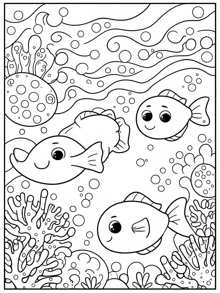Coloring page of three cartoon fish swimming among bubbles and coral