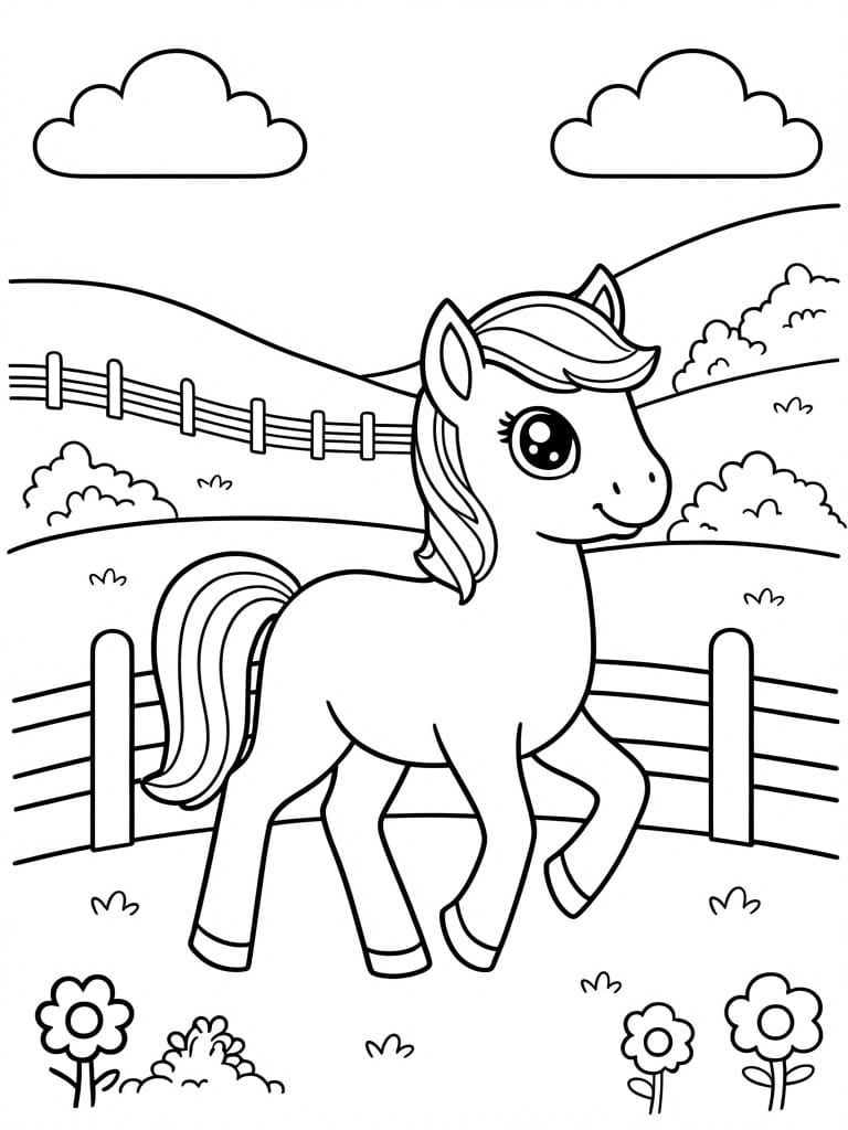A simple line drawing of a cartoon pony walking in a field with fences, clouds, and flowers.