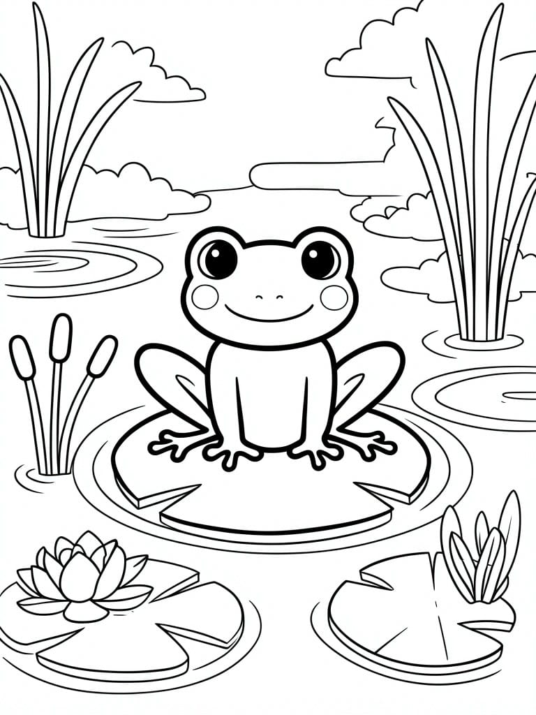 A black and white line drawing of a smiling frog sitting on a lily pad in a pond surrounded by reeds, clouds, and other lily pads.