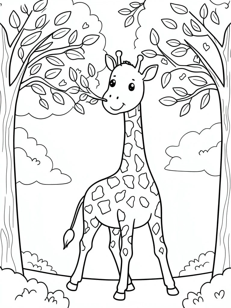 Cartoon giraffe standing amid trees with leaves, clouds, and bushes in line art