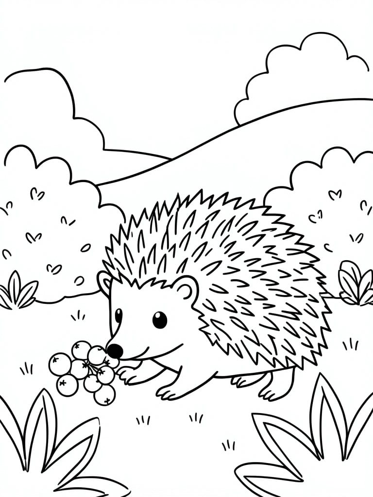A black and white line drawing shows a hedgehog holding a bunch of berries in a field with clouds and plants around it.