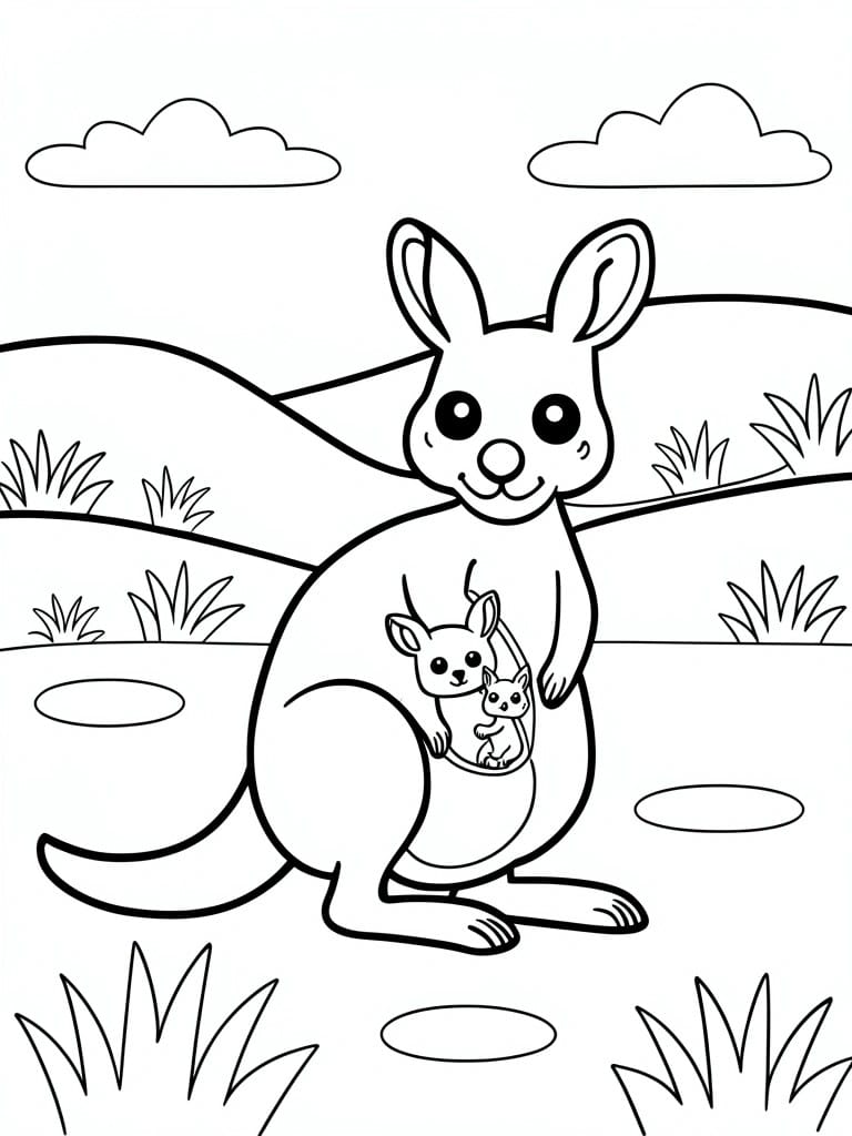 Line art of kangaroo with joey and cat in pouch on grassy hills under clouds