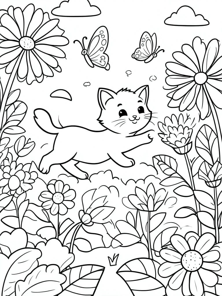 A black and white coloring page shows a kitten leaping through flowers with butterflies above in a garden setting.