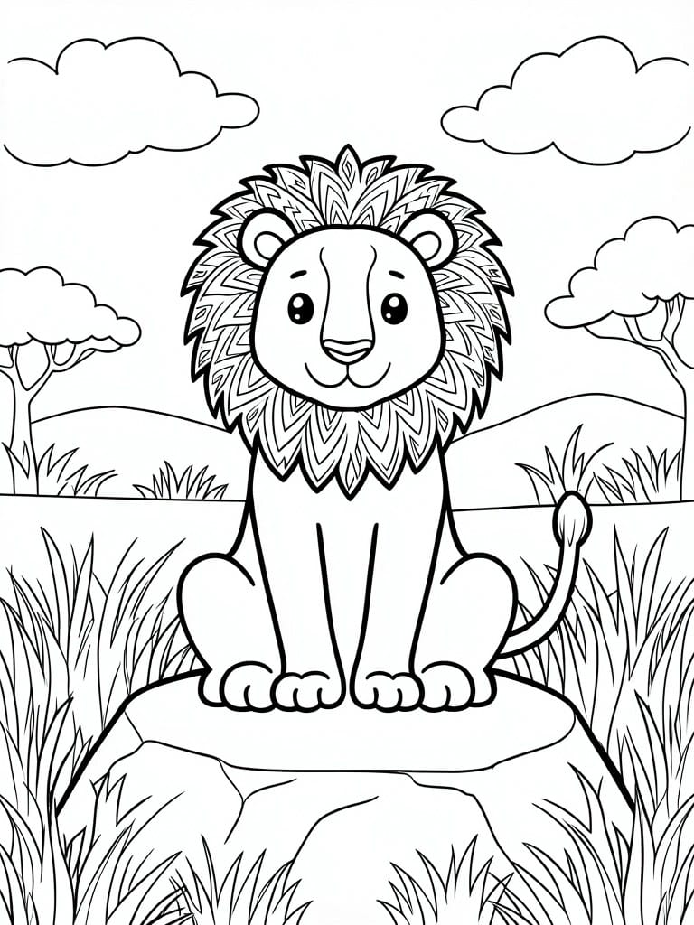 A black and white line drawing of a cartoon lion sitting on a rock with grass, trees, and clouds in the background.