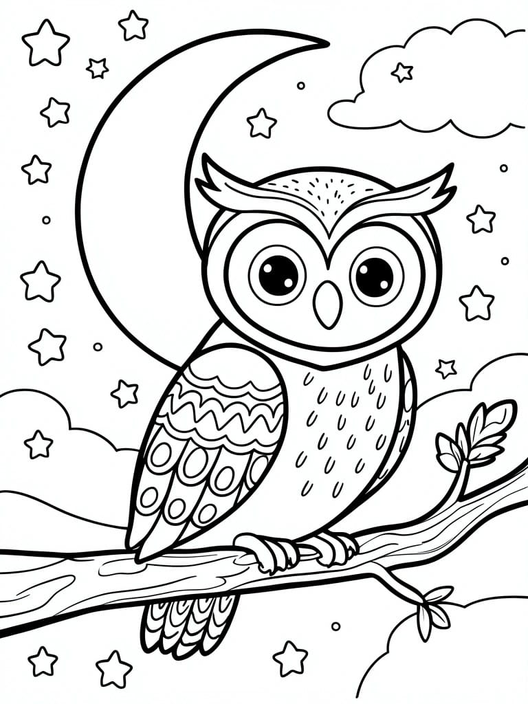 A black and white line drawing of an owl perched on a branch beneath a crescent moon with stars and clouds.