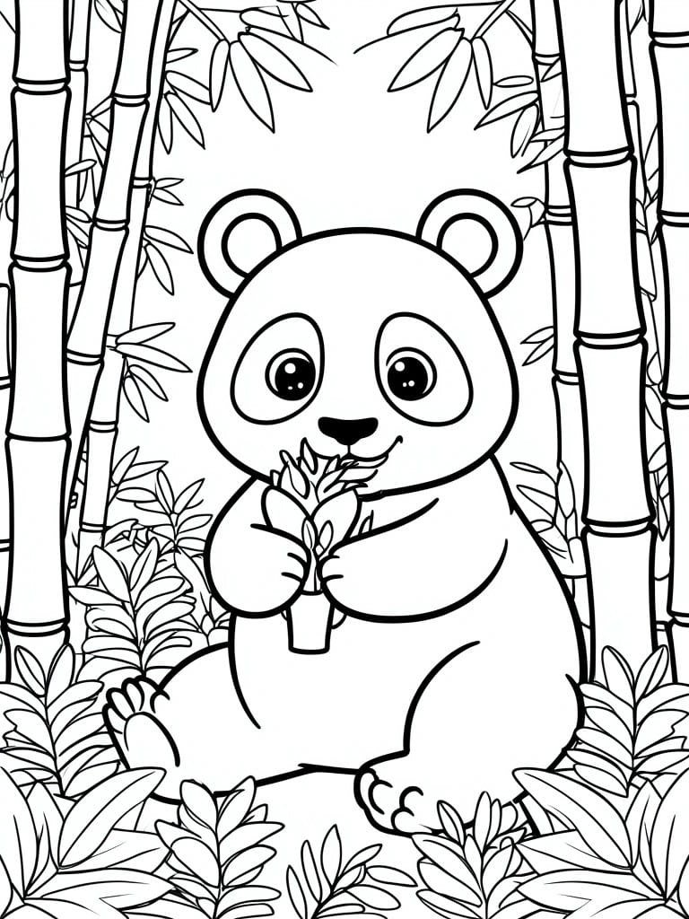 A black and white line drawing of a panda sitting in a bamboo forest and holding leaves.