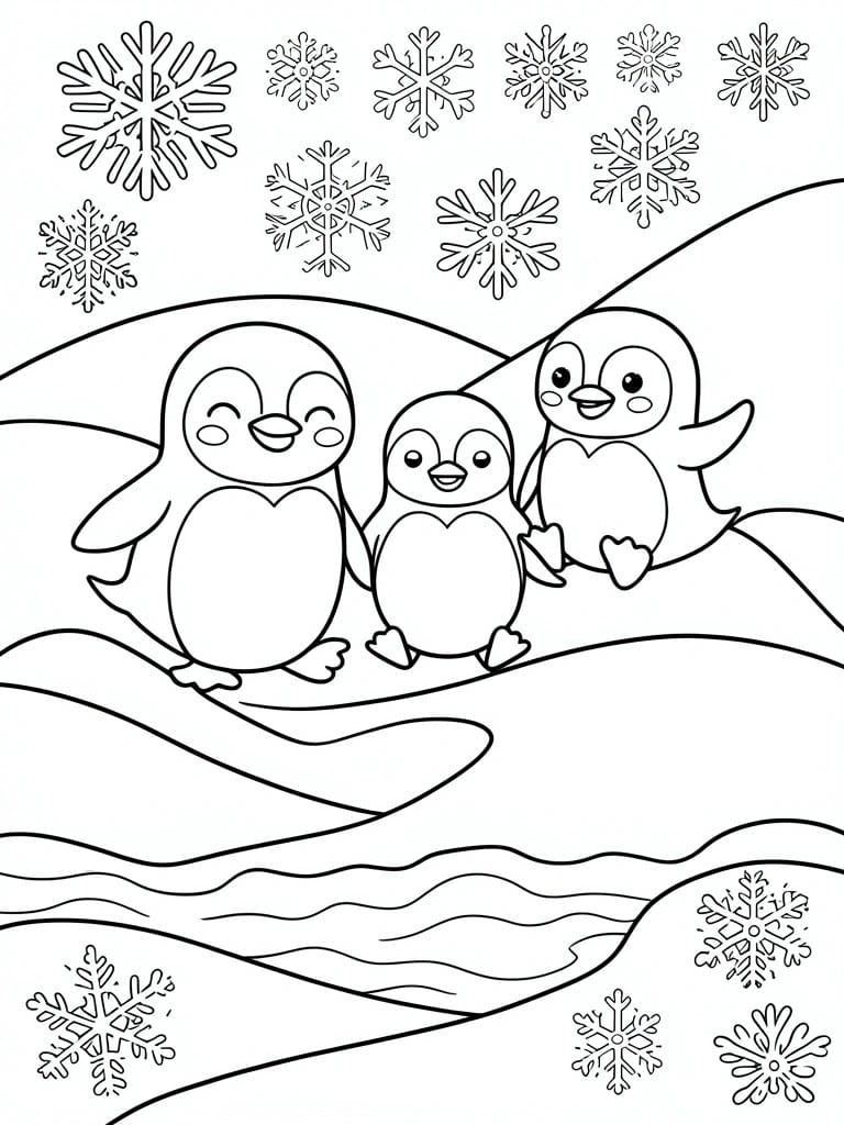 Three cartoon penguins stand together on snowy hills with snowflakes scattered around them in a simple line drawing.