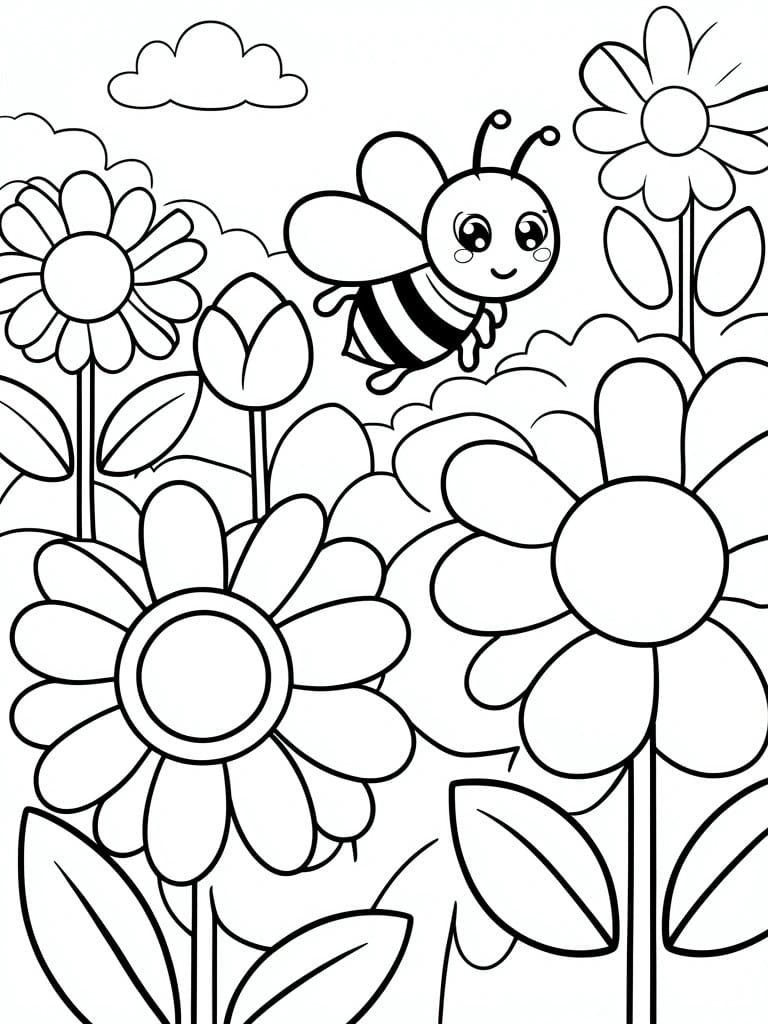 A black and white coloring page of a cartoon bee flying among large flowers with clouds above.