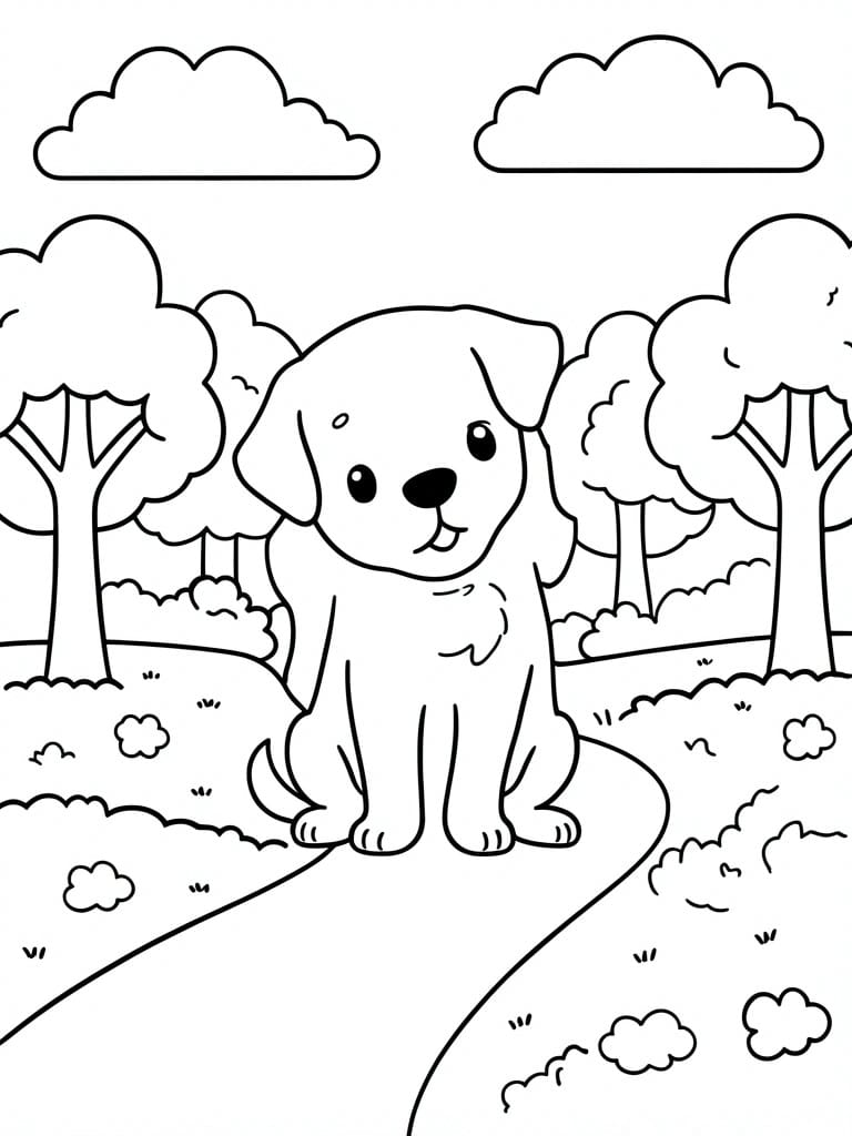 A black and white line drawing of a dog sitting on a path with trees and clouds in the background.