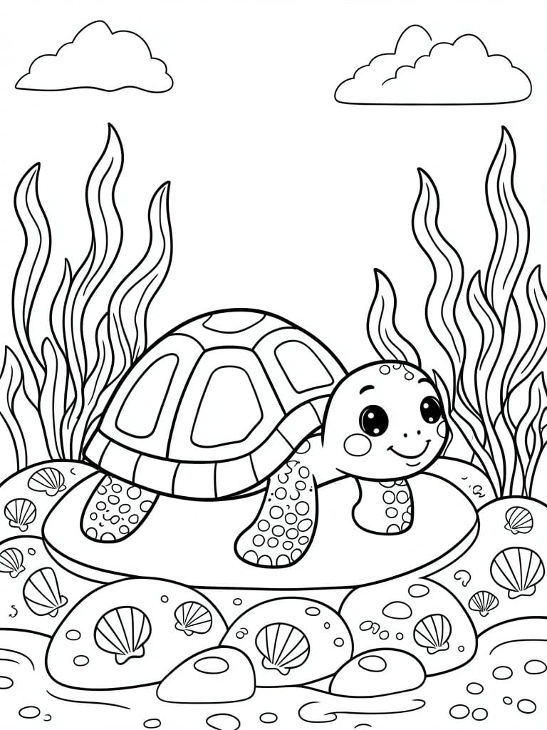 A black and white line drawing shows a smiling sea turtle with dotted flippers swimming above shells and rocks, with seaweed on both sides and two clouds in the sky.