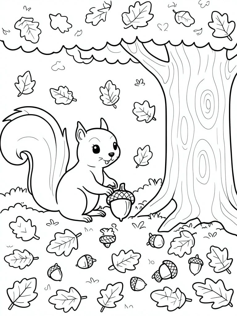 Cartoon squirrel holding acorn beside tree amid scattered leaves and acorns