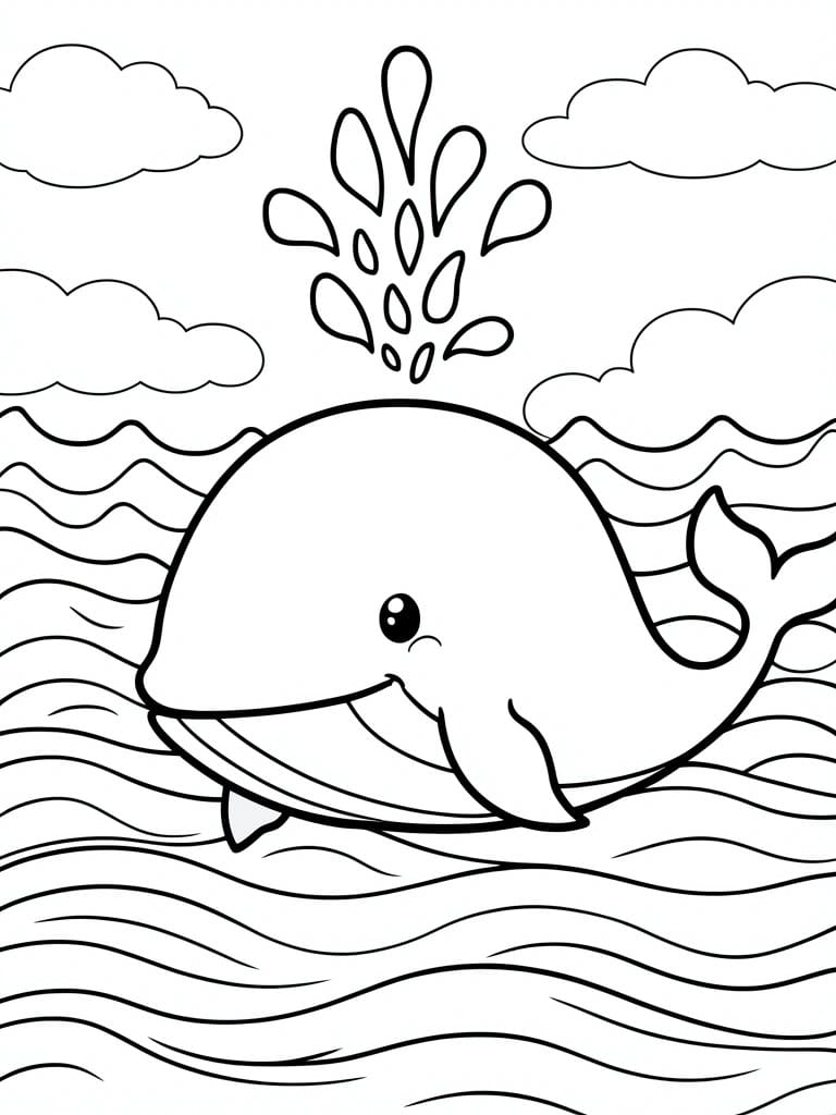 Coloring page of cute whale spouting water in wavy ocean under clouds