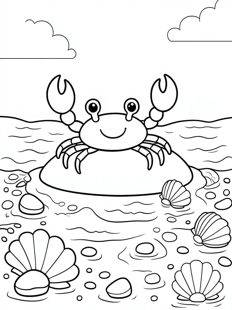 A black and white line drawing shows a smiling crab with large claws on a central rock, surrounded by seashells, pebbles, and wavy water lines under clouds.