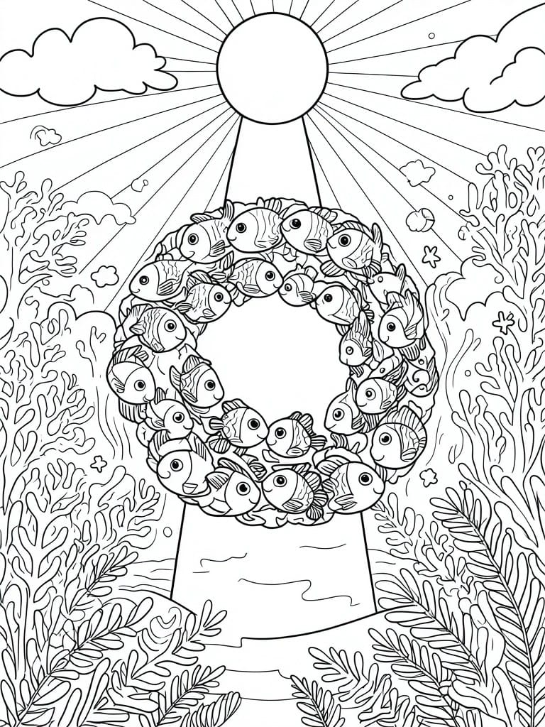 A black and white line drawing shows fish arranged in a large circle underwater, supported by a pillar below, with a sun and rays above and coral and seaweed on both sides.