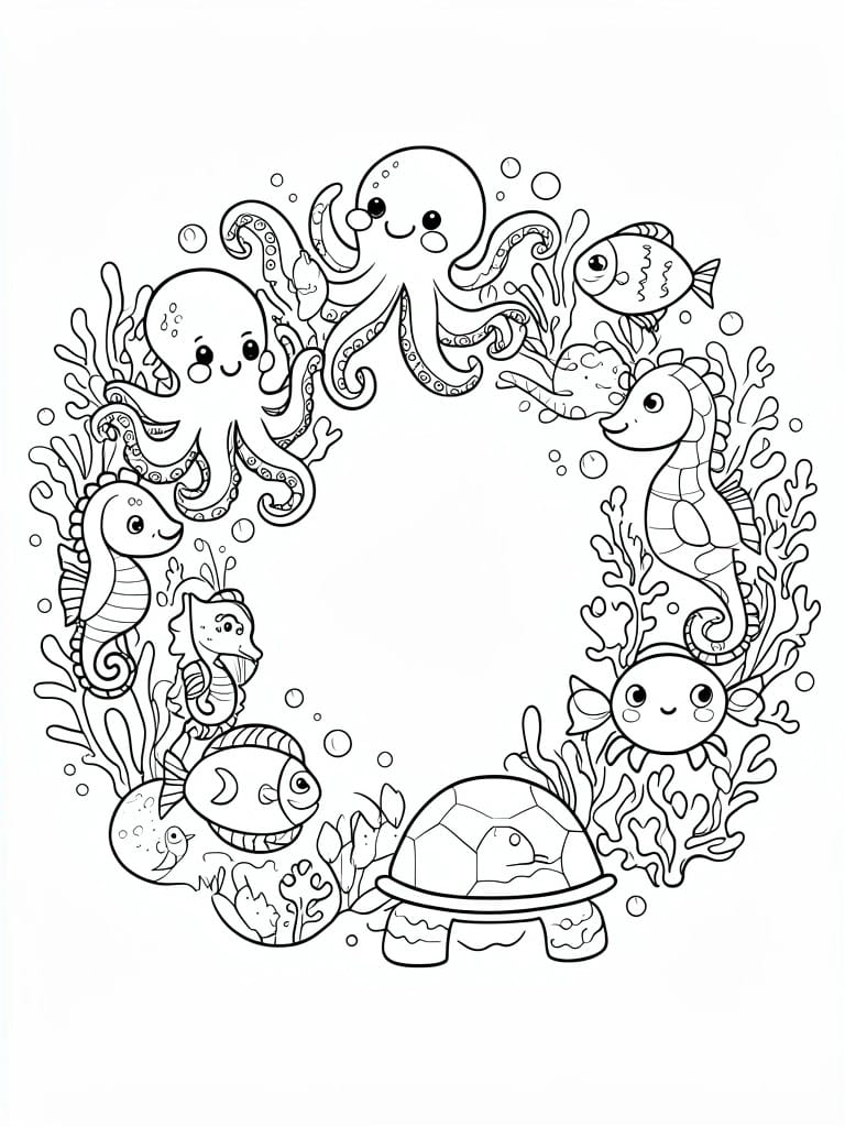 A black and white coloring page with sea creatures arranged in a circle including octopuses, seahorses, fish, a turtle, coral, and bubbles.