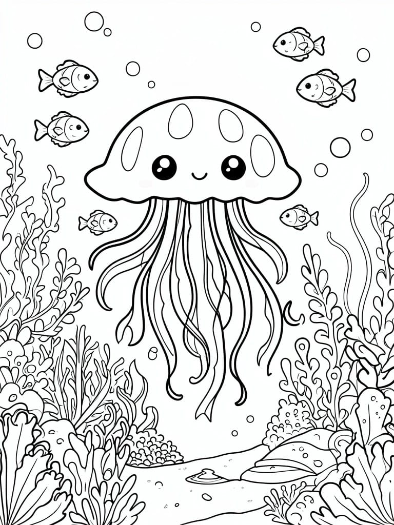 A black and white line drawing shows a large cute jellyfish with big eyes and tentacles, surrounded by small fish, bubbles, coral, and seaweed.
