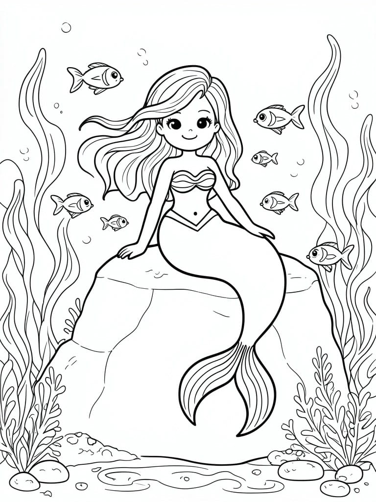 Black and white line drawing of a mermaid sitting on a rock with fish, seaweed, and bubbles in the water.