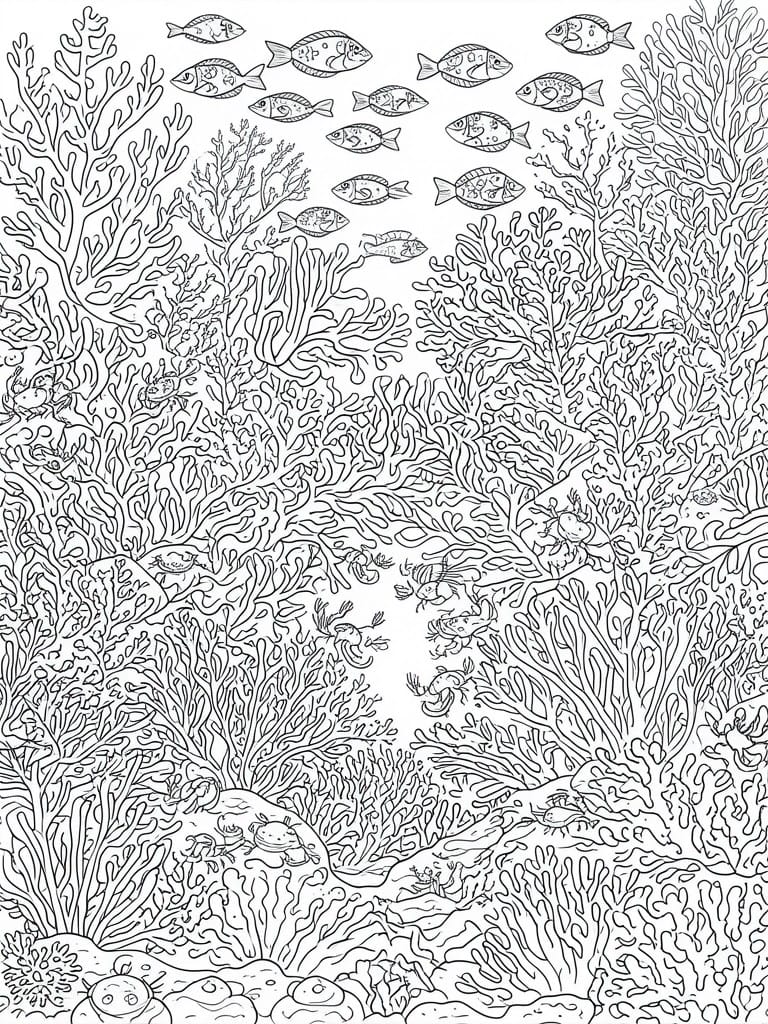 A black and white line drawing of a coral reef scene with fish at the top, crabs and shrimp among the corals, and rocks at the bottom.