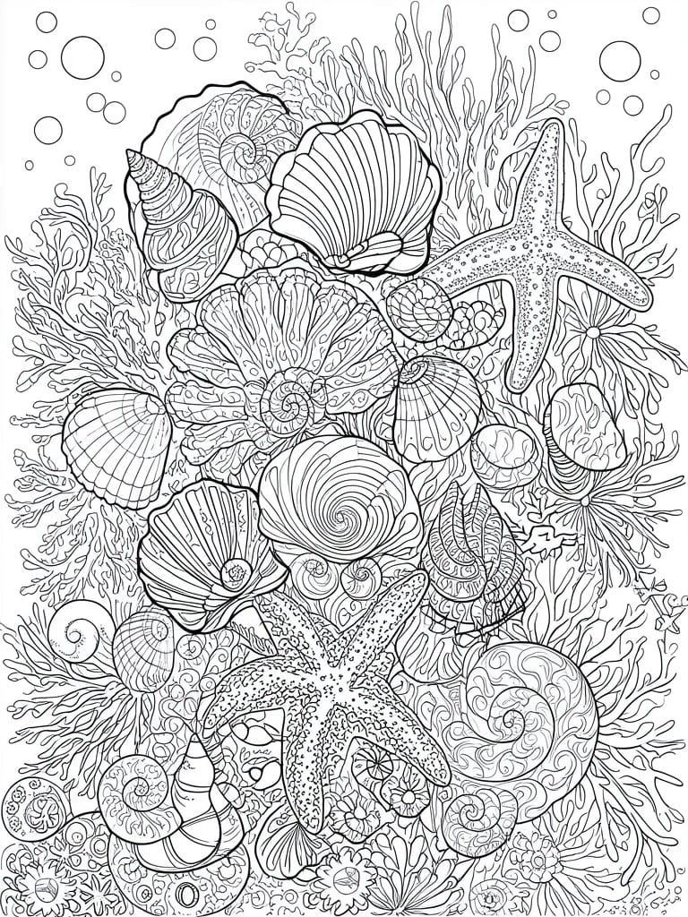 A black and white line drawing filled with many seashells, starfish, coral, and bubbles in an underwater scene.