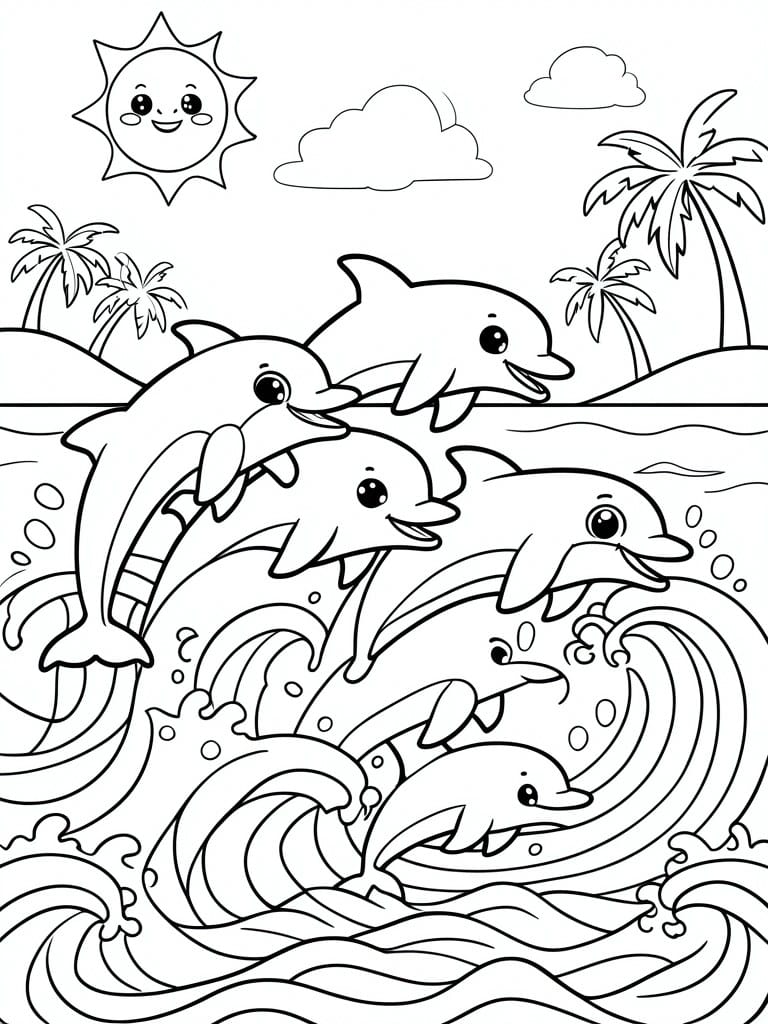 A black and white coloring page showing several cartoon dolphins jumping through ocean waves with a smiling sun, clouds, and palm trees in the background.