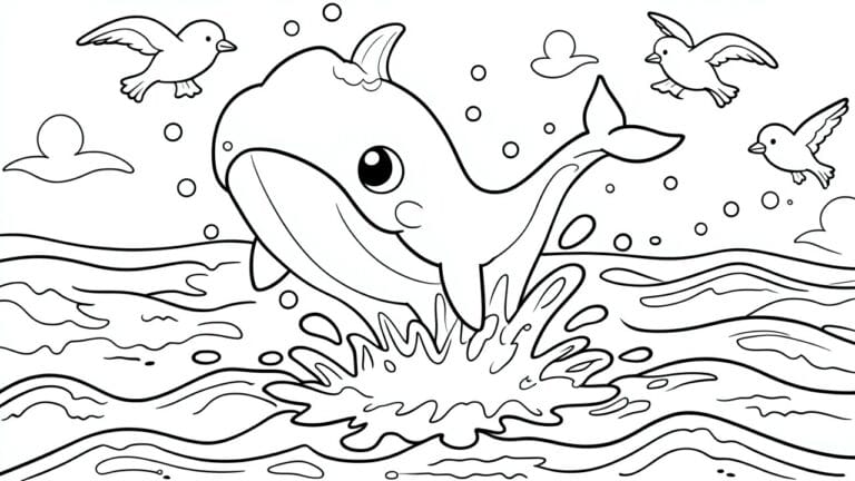 22 Cheerful Ocean Coloring Pages for Beach Days and Underwater Themes A black and white line drawing of a dolphin jumping out of ocean waves with three birds flying above and clouds in the sky.