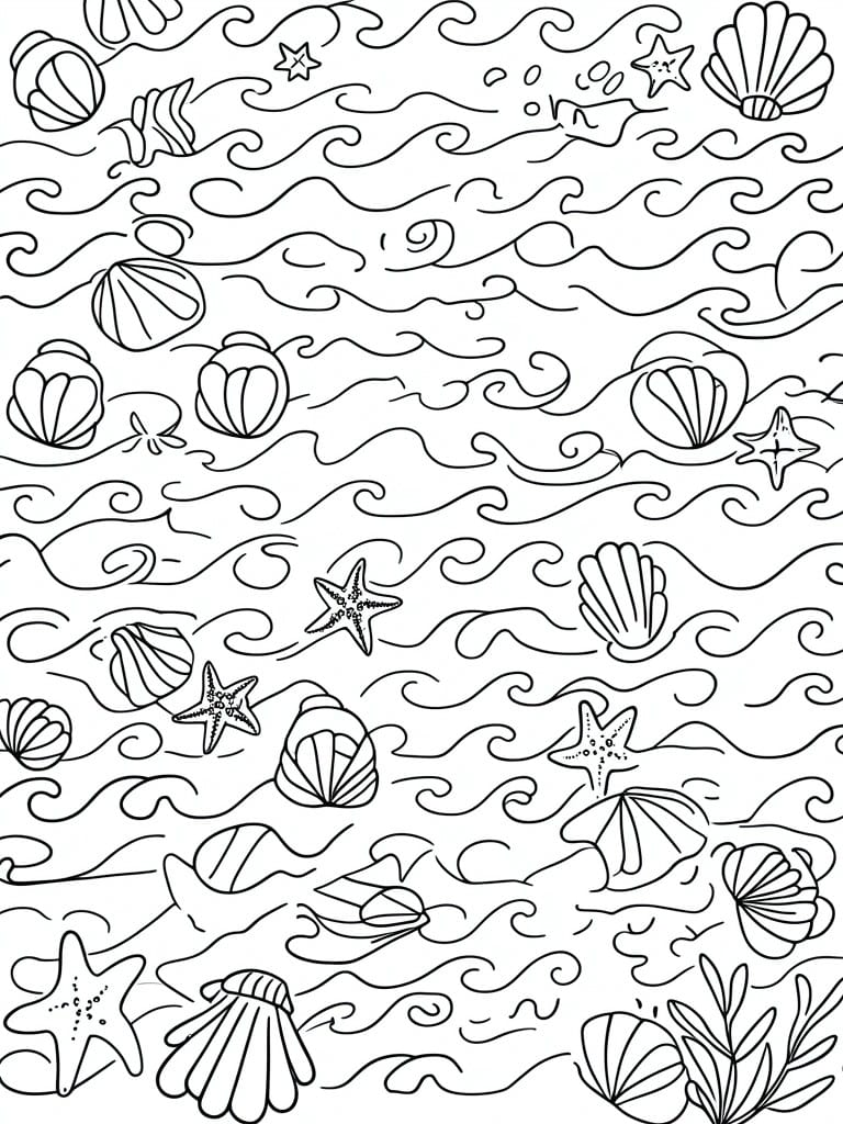 Black and white ocean wave coloring page with seashells, starfish, and fish.