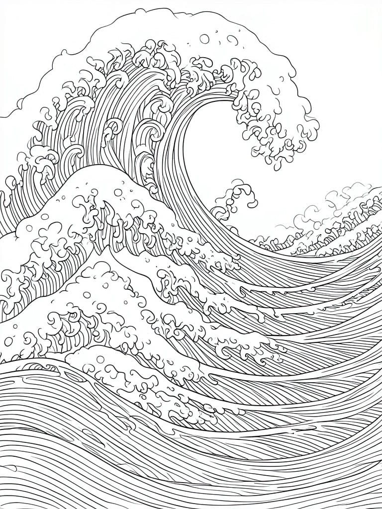 Intricate black-and-white line drawing of a towering curling ocean wave.