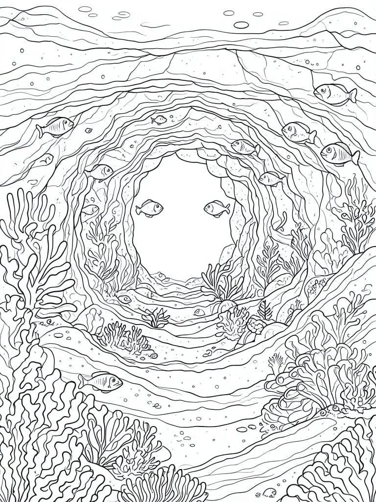 Intricate black and white line art of fish swimming through a coral reef cave