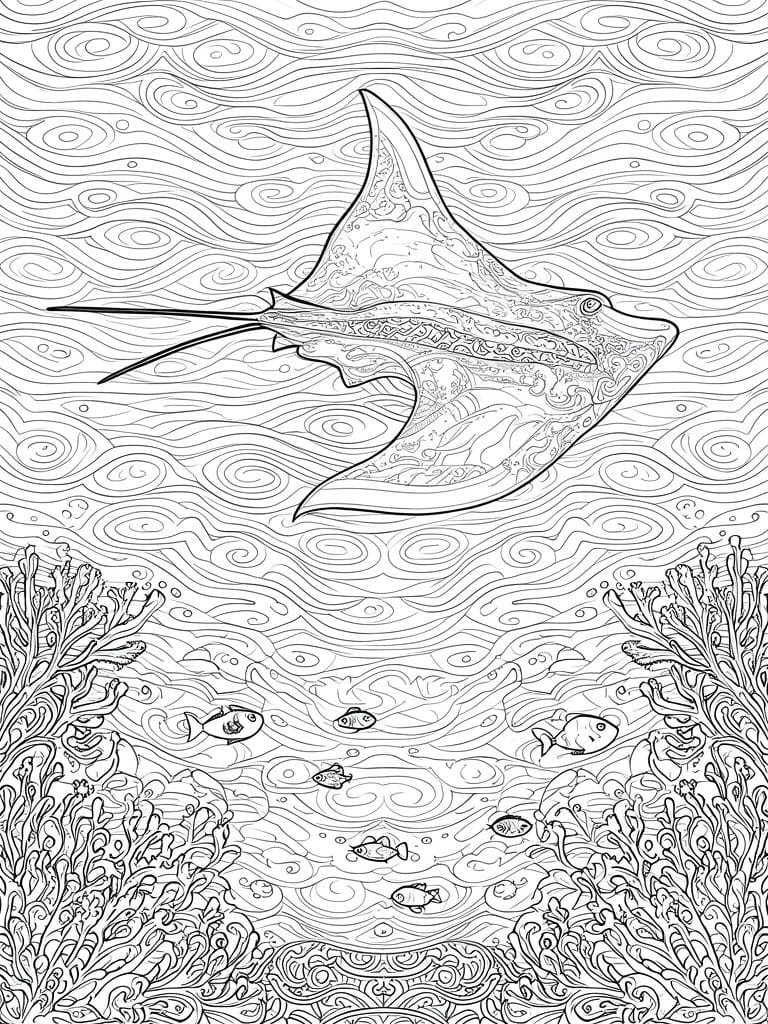 A black and white line art coloring page shows a large manta ray with internal patterns swimming above coral reefs, surrounded by wavy water lines and several small fish.