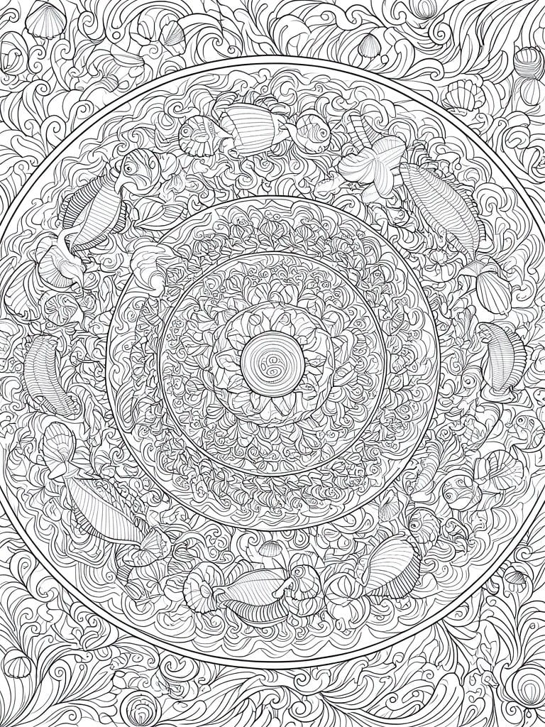 Intricate black-and-white mandala with fish, shells, and swirling ocean waves