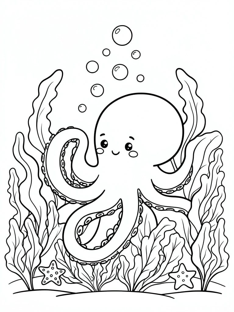 A line drawing of a smiling octopus with curly tentacles, surrounded by seaweed, starfish, and bubbles.