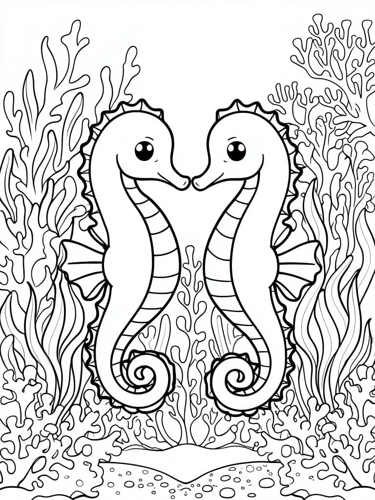 Two seahorses facing each other nose to nose with curled tails and coral and seaweed in the background on a coloring page.