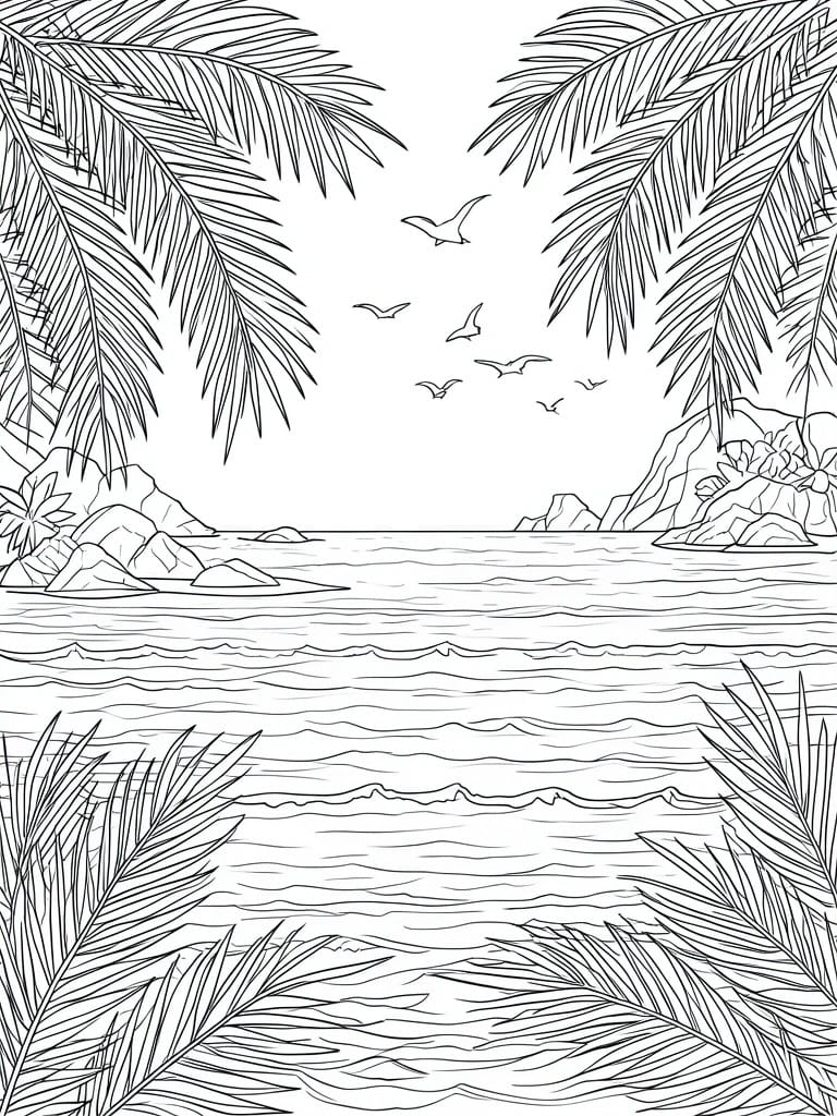 Line drawing of tropical beach with palm trees, waves, rocks, and flying birds.