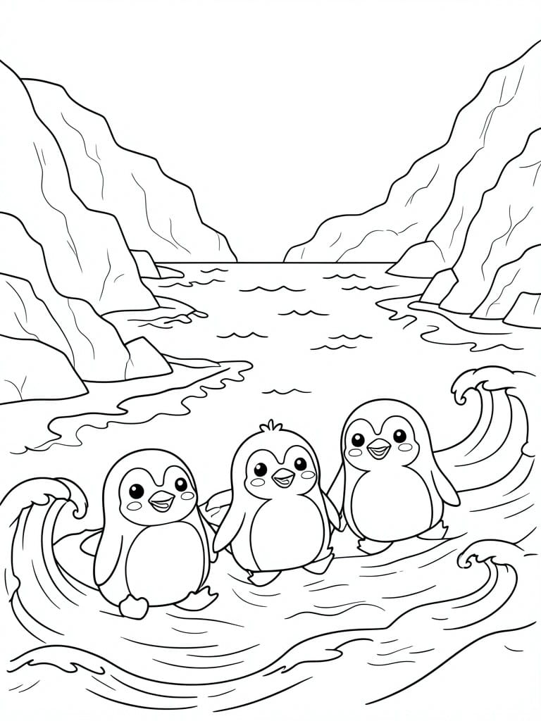 Three cartoon penguins stand together in ocean waves with cliffs in the background on a coloring page.