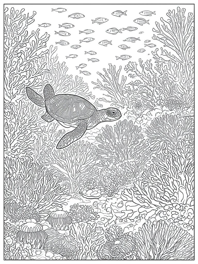 Sea turtle swimming among coral reefs with fish and starfish line drawing