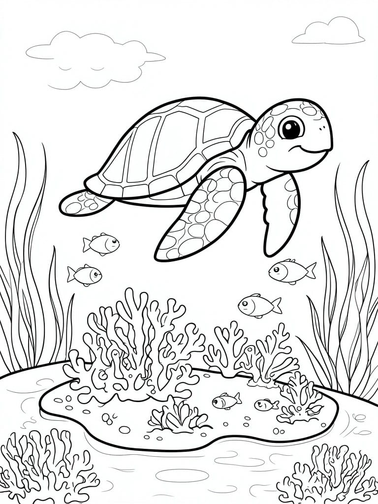Black and white line art of sea turtle swimming over coral with fish nearby