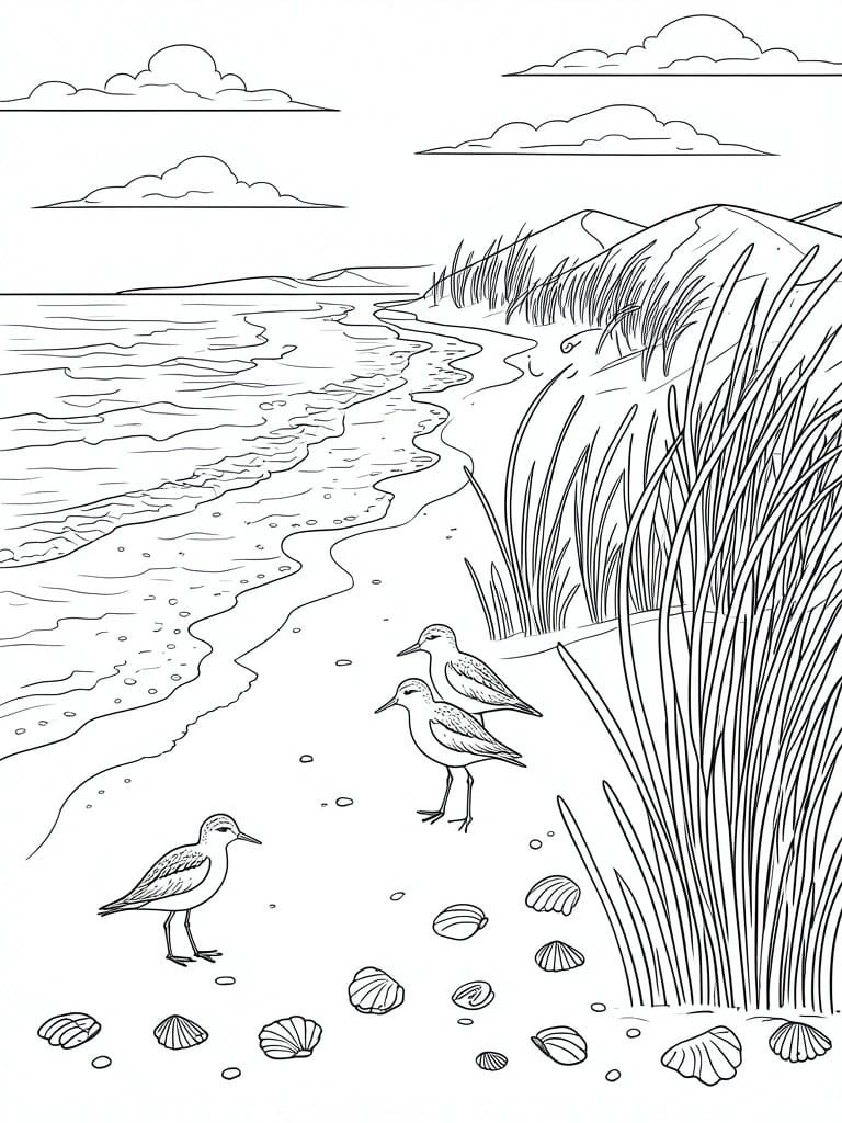 A line drawing of a beach with waves lapping at the shore, three birds standing on the sand, scattered shells, and grass-covered dunes under a cloudy sky.