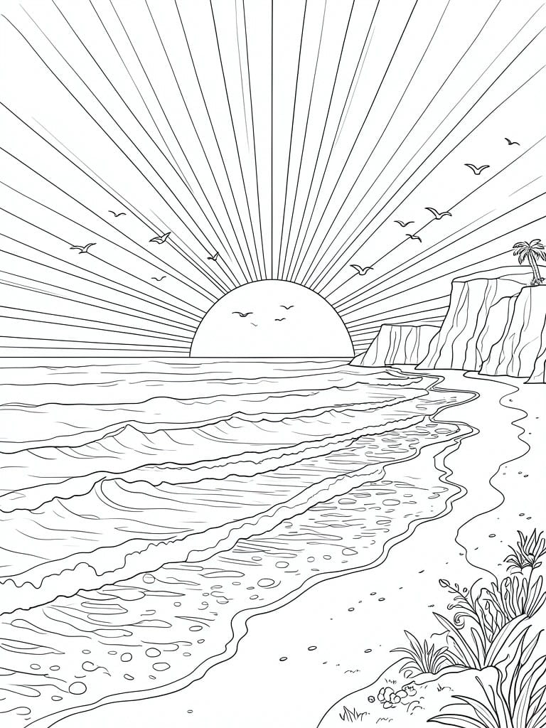 Black and white line art of a sunset over the ocean with waves, cliffs, birds, and beach vegetation.