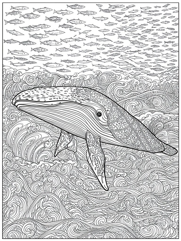 A black and white coloring page of a whale with textured patterns swimming under a school of fish with detailed waves below.