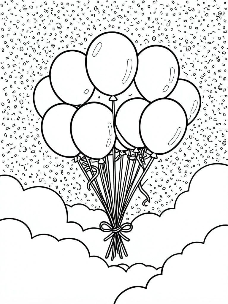 Coloring page of multiple balloons tied with ribbons floating above clouds and surrounded by confetti.
