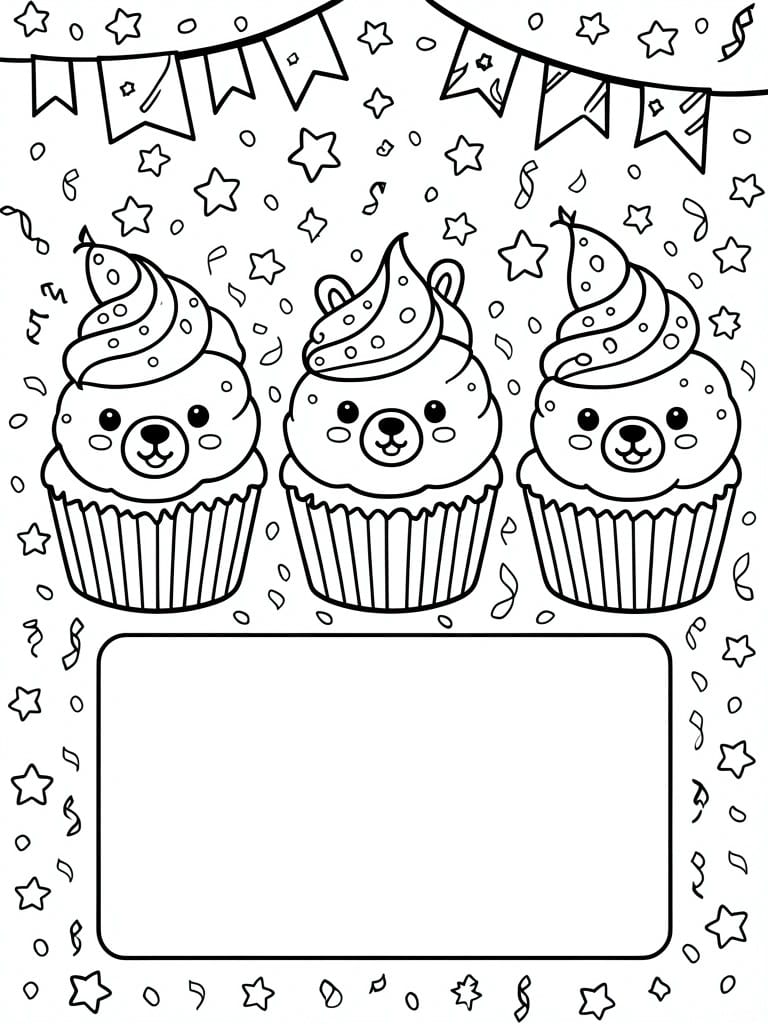 Three bear-faced cupcakes with party hats sit above a blank rectangle, surrounded by stars, confetti, and banners.