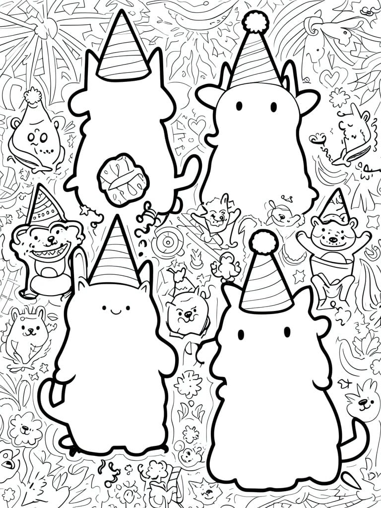 Line art coloring page of cute animals wearing party hats amid festive decorations.